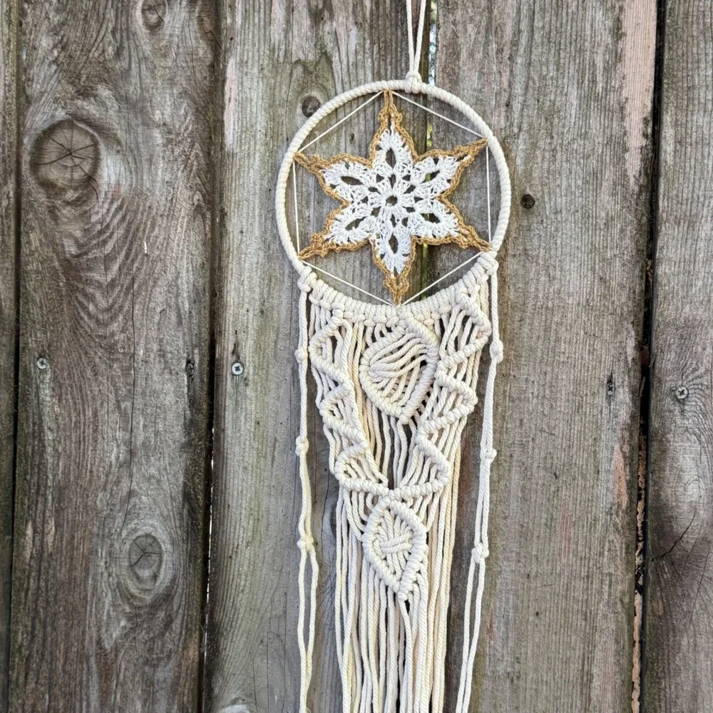 Boho Macrame Wall Hanging Crochet Star Heart Fringe Cream Tan Dreamcatcher Style